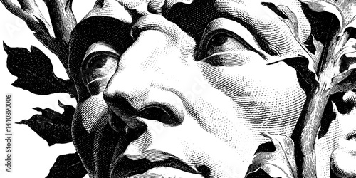 Engraved face with tree branches black and white art.