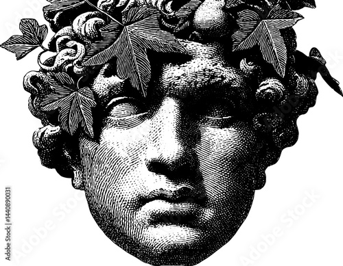 Classical statue head of bacchus with vine leaves in detailed engraving.
