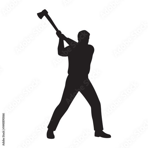 Lumberjack Swinging Axe in Forest Silhouette Vector Illustration for Wood Cutting Concept