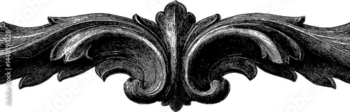 Intricate black and white ornamental wood carving design pattern.