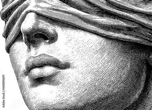 Engraved portrait of blindfolded figure in classical style.