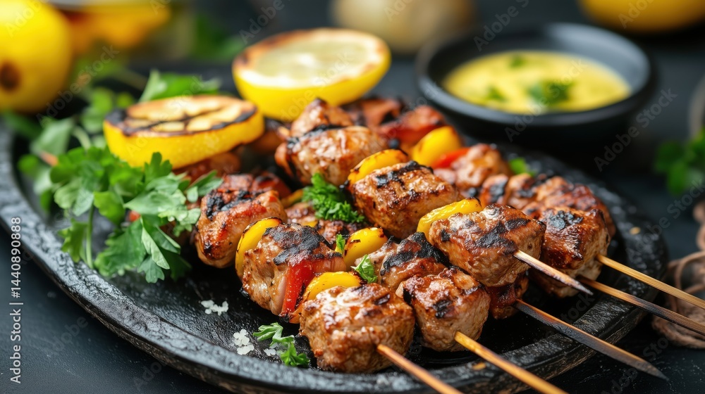 Grilled meat skewers with vegetables and lemon on a rustic platter Grilled meat skewers with vegetables and lemon on a rustic platter