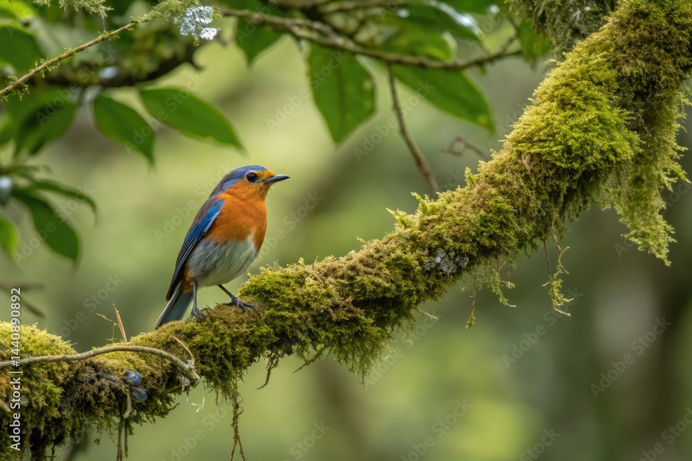 Obraz premium Small Orange and Blue Bird Perched on Mossy Branch Generative AI