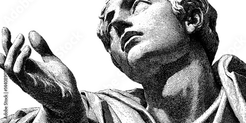 Engraving of caucasian male with outstretched hand in classic style.