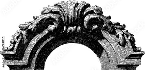 Ornate vintage arch with intricate floral details in black and white.
