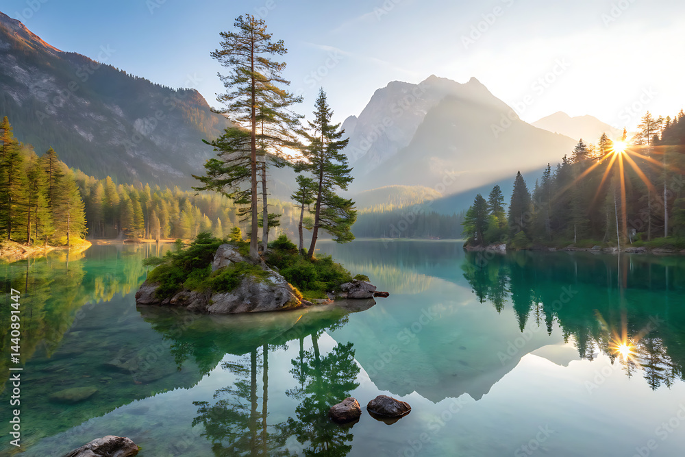 Majestic mountain landscape with turquoise lake and golden sunrise reflection