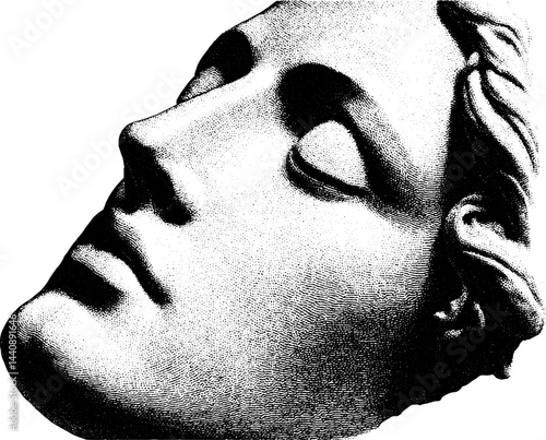 Classical greek statue face in black and white etching style.