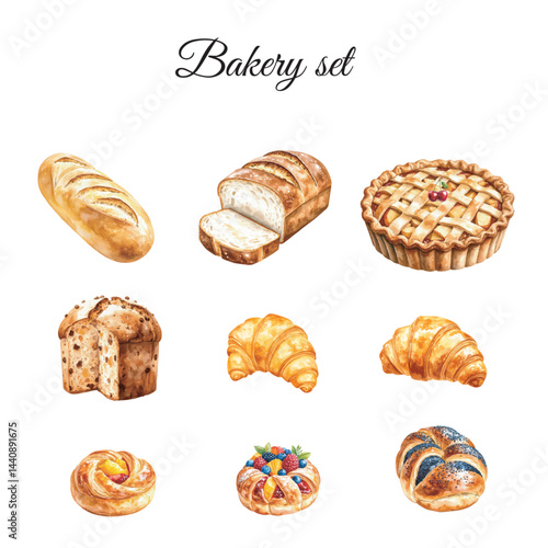 Set of Bakery. A hand-painted watercolor illustration of bun, with fruit, panettone, pie, bread, loaf of bread, poppy seed bun, bun, croissant. Vector scalable. Isolated. 