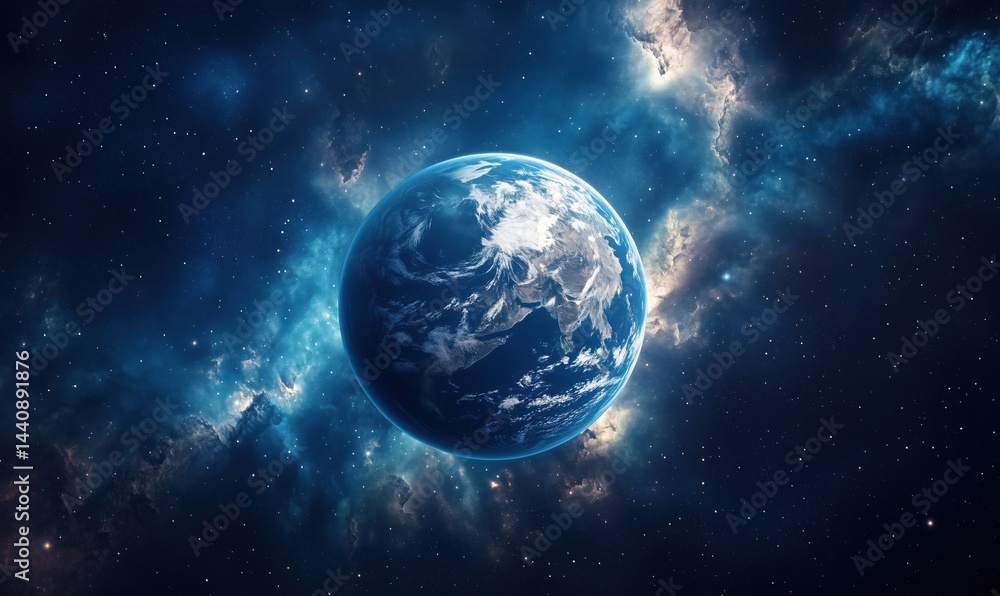 Earth in Space Surrounded by Cosmic Nebula and Stars Earth in Space Surrounded by Cosmic Nebula and Stars