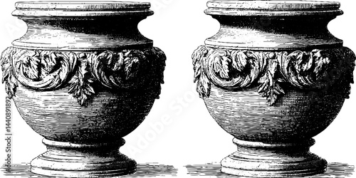 Vintage ornate vases with intricate leaf patterns in black and white illustration.