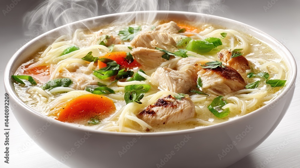 a steaming hot bowl of creamy chicken noodle soup with vegetables on a white isolated background, comforting and hearty design a steaming hot bowl of creamy chicken noodle soup with vegetables on a white isolated background, comforting and hearty design