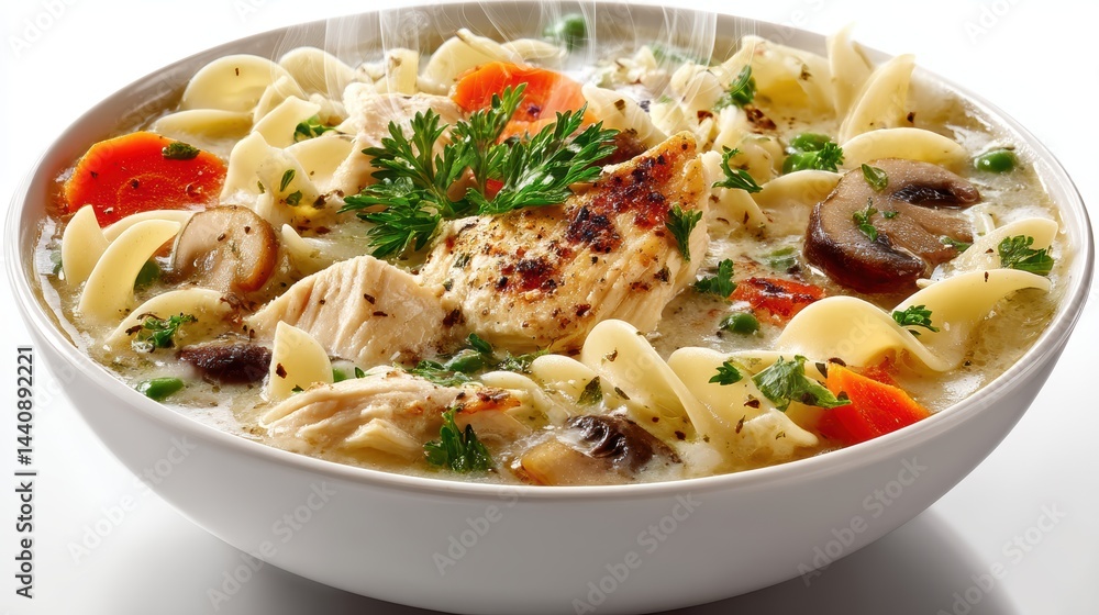 a steaming hot bowl of creamy chicken noodle soup with vegetables on a white isolated background, comforting and hearty design a steaming hot bowl of creamy chicken noodle soup with vegetables on a white isolated background, comforting and hearty design