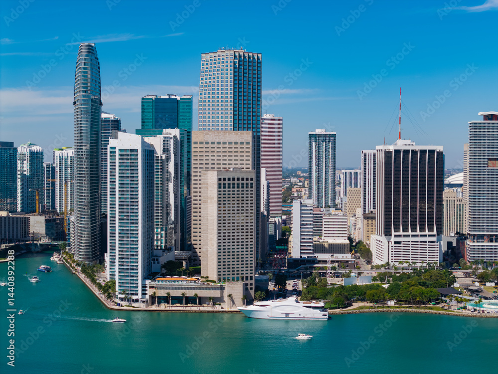 Fototapeta premium Miami downtown. Skyscraper building. Cityscape building downtown. City architecture. Miami downtown skyline. Miami skyscraper cityscape. Miami city skyline view of Brickell key. Travel to Florida