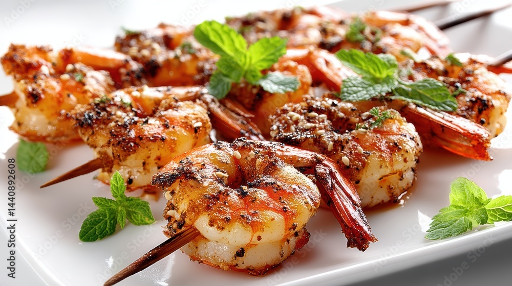 a fresh plate of juicy, grilled shrimp skewers with a light seasoning on a white isolated background, flavorful and healthy design a fresh plate of juicy, grilled shrimp skewers with a light seasoning on a white isolated background, flavorful and healthy design