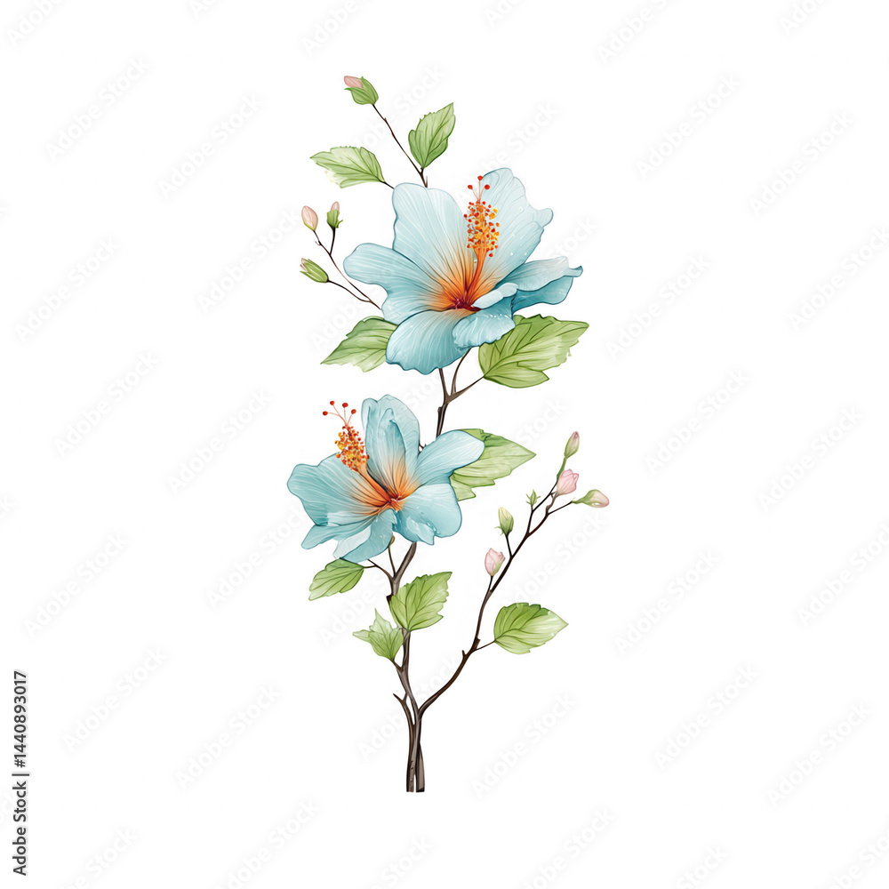 Fototapeta premium Two light blue hibiscus flowers are painted with green leaves on a stem.