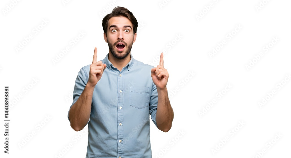 Fototapeta premium Surprised man in blue shirt pointing upwards with both hands against a plain white background showing shock