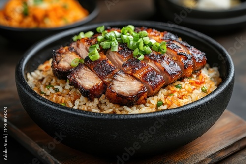 Wallpaper Mural Grilled chicken served on rice with chopped green onions in an elegant bowl Torontodigital.ca