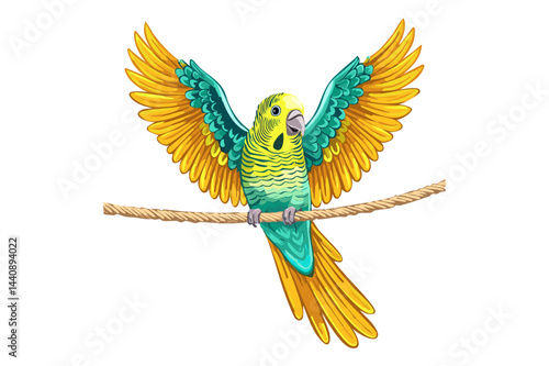 Budgie or budgerigar sitting on a rope with open wings and isolated on white background, australian tropical bird, Budgerigar, common parakeet, shell parakeet or budgie (Melopsittacus undulatus)