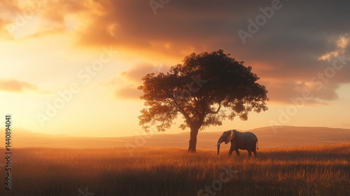 Majestic elephant resting near a lone tree at golden hour.