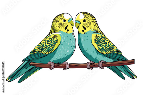 Two Budgies Perched Together, stylized art illustration of two budgies perched close together on a branch, Budgerigar, common parakeet, shell parakeet or budgie (Melopsittacus undulatus)