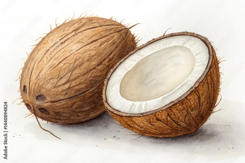Whole Coconut on White Background With Fresh Interior View Generative AI Whole Coconut on White Background With Fresh Interior View Generative AI