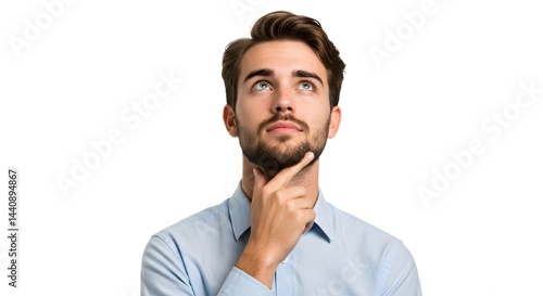 Man in blue shirt looking up with hand on chin against a white background in a studio setting