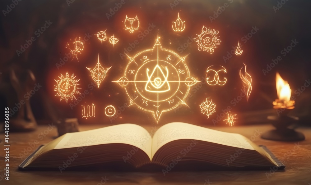 Ancient spellbook with glowing magical symbols and alchemical signs