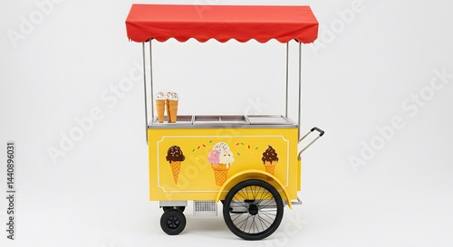 Ice Cream Cart: A vibrant, cheerful ice cream cart with a bright red canopy, offering a delightful selection of frozen treats on a sunny day.