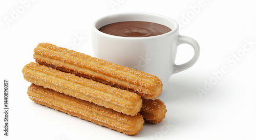 Spanish churros with cinnamon sugar and hot chocolate on white background.