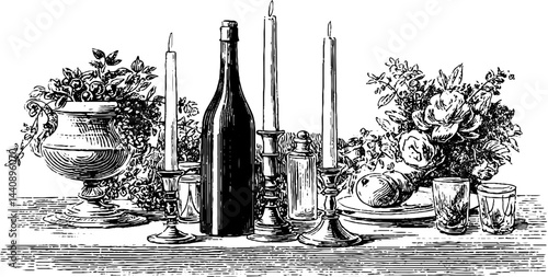 Romantic candlelit wedding table setting with engraved floral designs.
