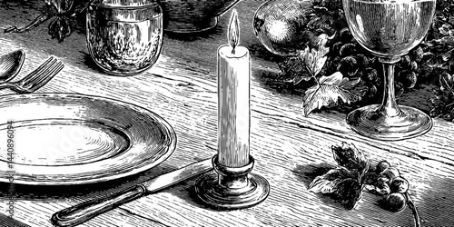Romantic candlelit dinner setting in engraved style for wedding celebration design.