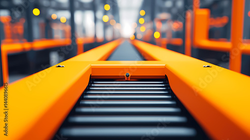 Wallpaper Mural A bright orange conveyor belt in a modern industrial facility, surrounded by blurred lights and machinery in the background. Torontodigital.ca