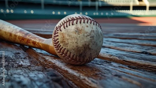 Classic baseball bat and worn ball rest on weathered wooden surface