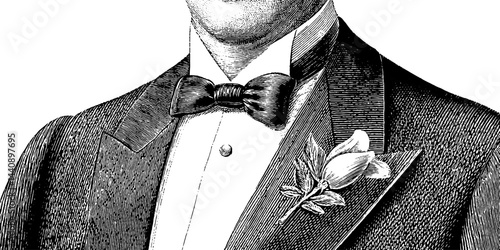 Elegant engraved illustration of groom in classic tuxedo for wedding design.