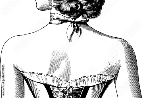 Elegant bridal corset with ribbon engraving design for vintage romance theme.