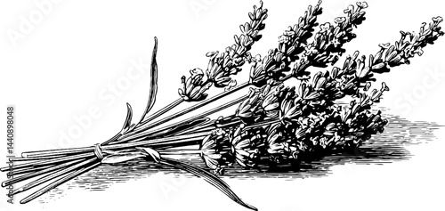 Engraved illustration of delicate lavender bouquet for bridal decor and design.