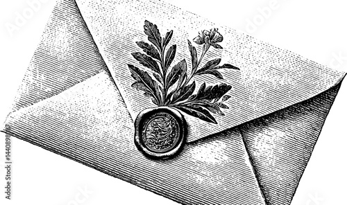 Vintage engraved illustration of elegant envelope with floral design for greeting cards.