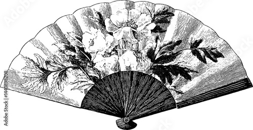 Vintage engraved floral pattern on decorative bridal hand fan design.