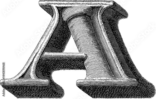 Intricate engraved letter a artwork in bold black line design.