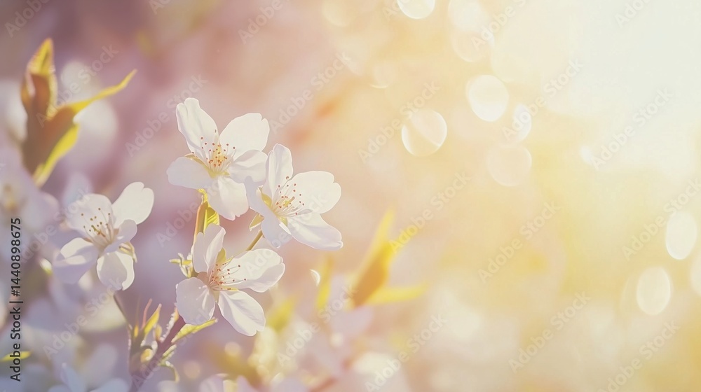 Delicate cherry blossom flowers illuminated by soft sunlight in a dreamy background Delicate cherry blossom flowers illuminated by soft sunlight in a dreamy background