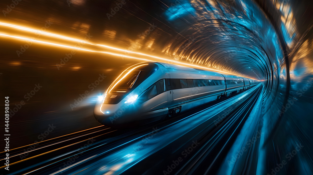 A futuristic hyperloop train speeding through a tunnel with glowing blue lights. A futuristic hyperloop train speeding through a tunnel with glowing blue lights.