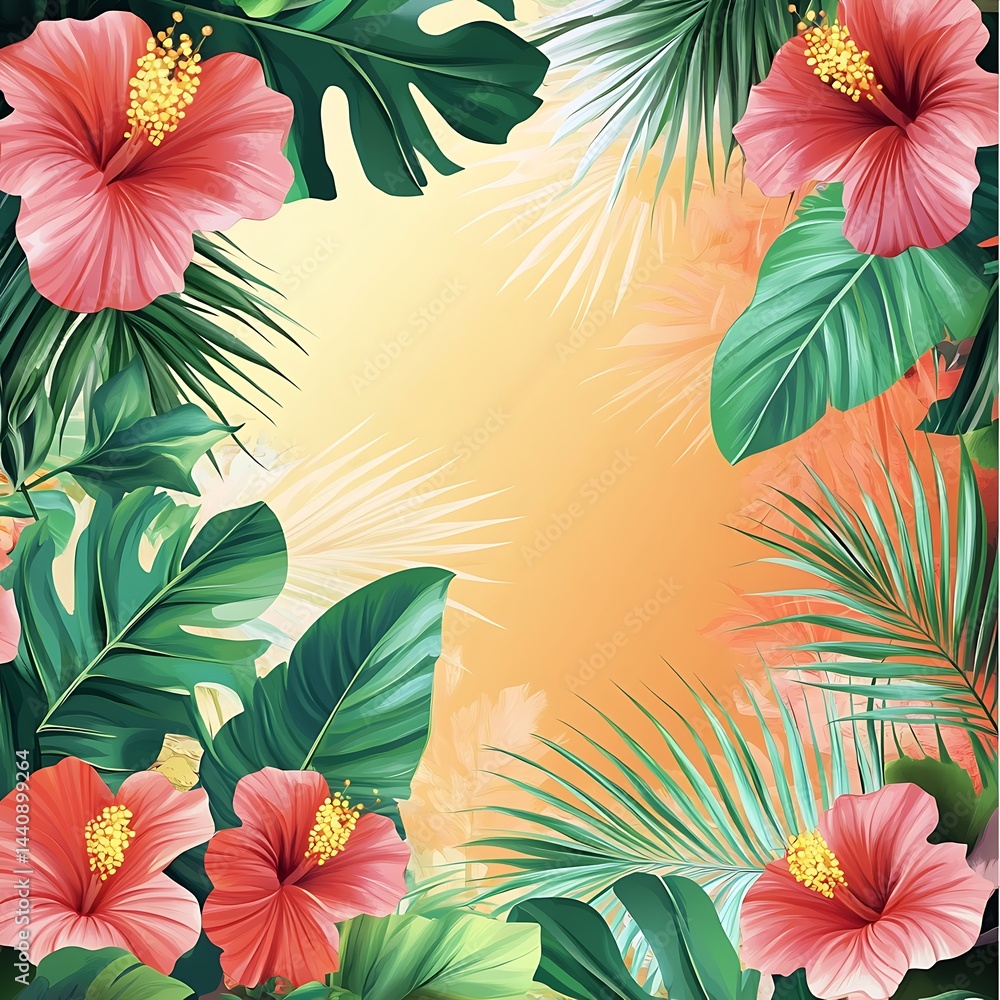 Naklejka premium Vibrant tropical floral border design with hibiscus and lush leaves.