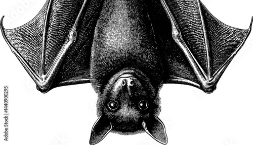 Detailed engraved illustration of a bat hanging upside down