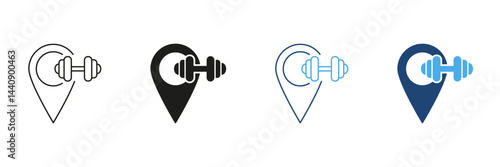 Map Pin with Dumbbell Line and Silhouette Icon Set. Fitness Location or Gym for Exercise and Training. Editable Stroke. Isolated Vector Illustration