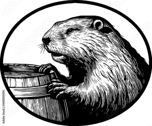 Engraved illustration of a beaver brewing beer with wood barrel concept