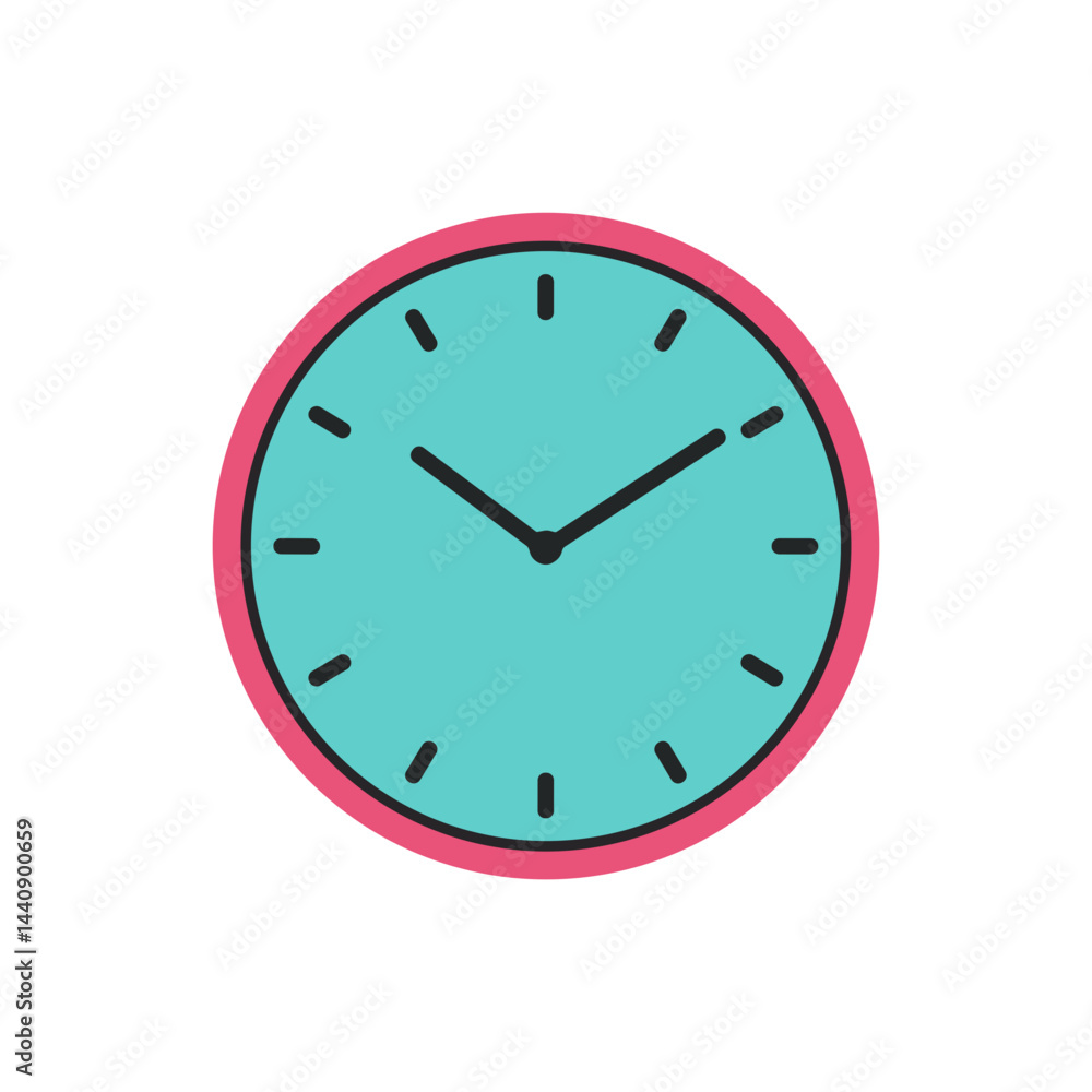 Clock icon in turquoise with a pink outline on a white background Clock icon in turquoise with a pink outline on a white background