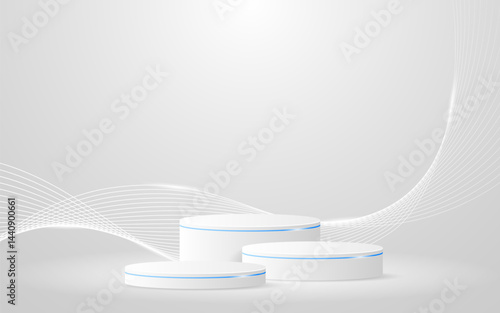 White podium with elegant white wave lines on the back for product presentation. Display of cosmetic products. Stage or podium. vector illustration	
