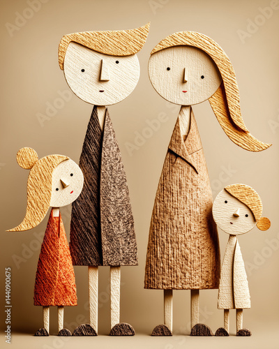 Paper chain dolls representing a family in a minimalist style  