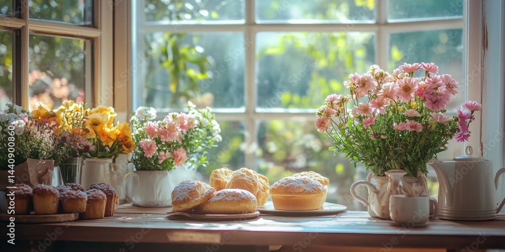 Freshly baked pastries and vibrant flowers on a sunlit kitchen windowsill Freshly baked pastries and vibrant flowers on a sunlit kitchen windowsill