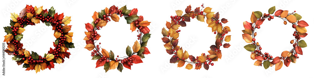 set of Autumn wreath made of red and orange leaves, red and orange autumn leaves, wreath of autumn red-orange leaves and brown berries, on a transparent backgrounds set of Autumn wreath made of red and orange leaves, red and orange autumn leaves, wreath of autumn red-orange leaves and brown berries, on a transparent backgrounds
